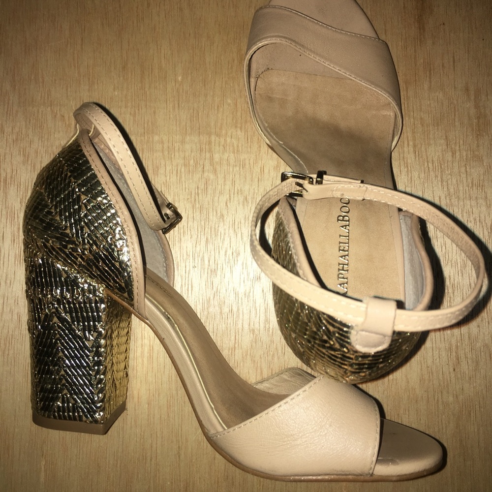 Raphaella Booz gold and tan strappy heels